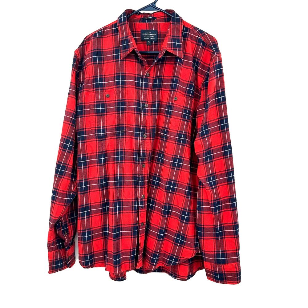 Lucky Brand Size XL Shirt Red Plaid Saturday Stretch Classic Fit Button Up